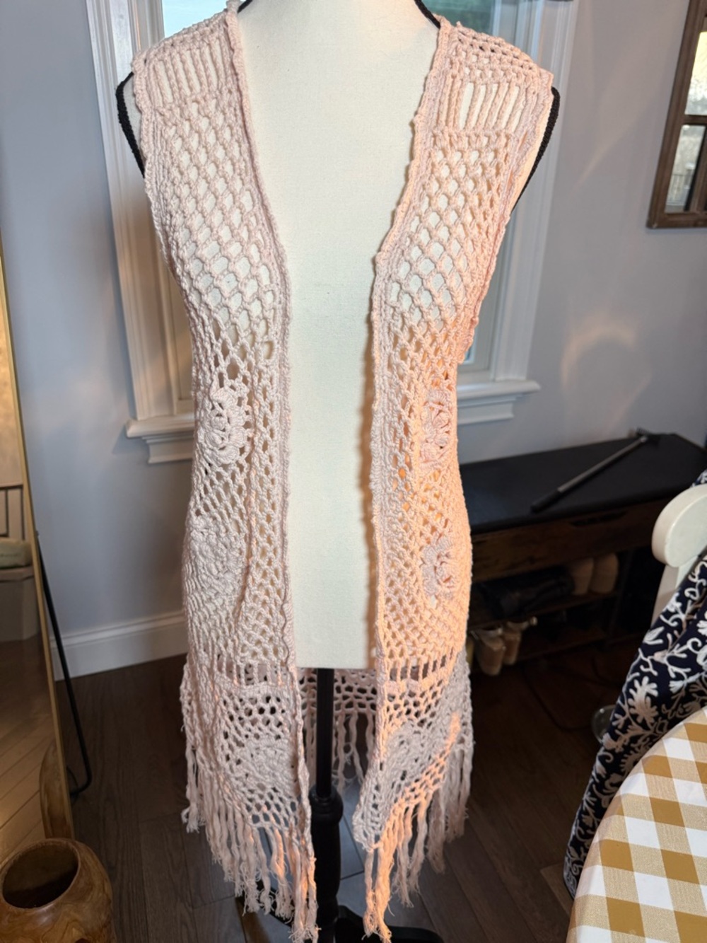 Crochet Fringe Long Vest - Blush Pink